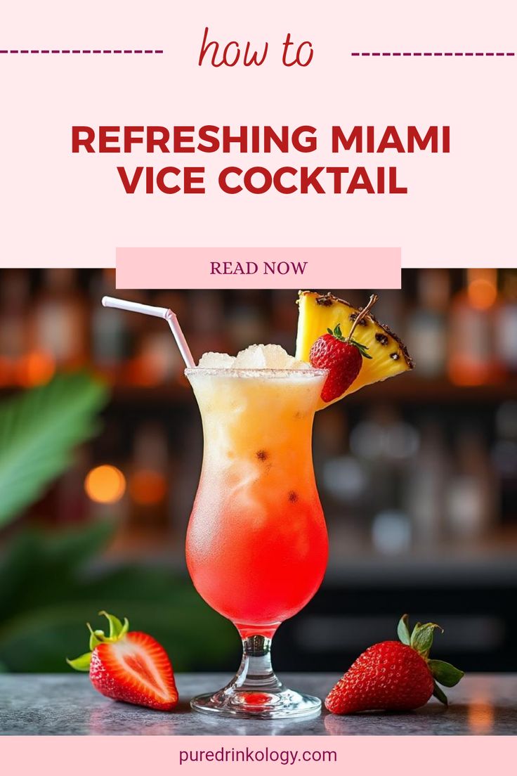 a colorful drink with strawberries on the rim and text overlay reads how to refreshing miami vice cocktail read now