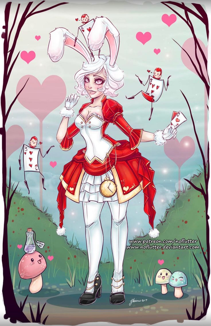 a drawing of a woman dressed in red and white with rabbits on her head, standing next to trees