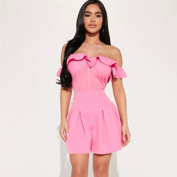 This Halter Romper With An Adjustable Tie, Ruffle Detail Mesh Corset, Invisible Back Zipper And Pleated Short Will Make You Look Fabulous! Summer Stretch Off-shoulder Jumpsuits And Rompers, Summer Off-shoulder Stretch Jumpsuits And Rompers, Off-shoulder Jumpsuits And Rompers For Summer Date Night, Spring Party High Waist Jumpsuits And Rompers, Summer Stretch Jumpsuits And Rompers For Party, Summer Stretch Short Jumpsuits And Rompers, Flirty Summer Jumpsuits And Rompers In Solid Colors, Flirty Solid Color Summer Jumpsuits And Rompers, Feminine Summer Jumpsuits And Rompers For Night Out