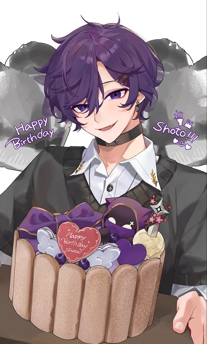 an anime character holding a birthday cake with purple hair and wearing a black shirt, white collar