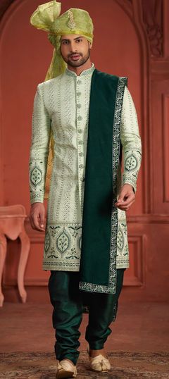 Green color Sherwani in Silk fabric with Embroidered, Sequence, Thread work Navy Blue Sherwani, Designer Sherwani For Men, Indian Sherwani, Sherwani Wedding, Patiala Salwar Kameez, Blue Sherwani, Lehenga Style Saree, Salwar Pants, Designer Sarees Wedding