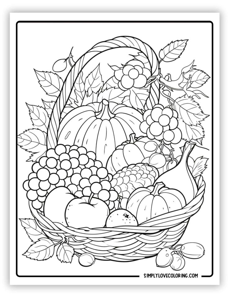 a coloring page with fruits and vegetables in a basket