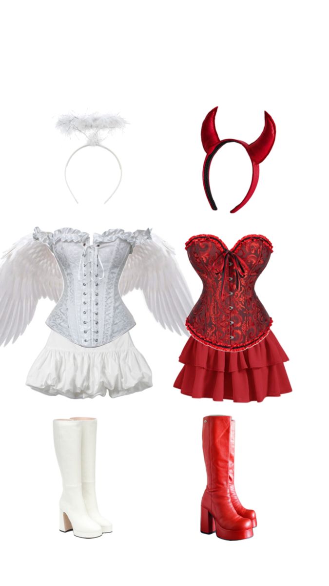 two different types of costumes and boots on display in front of a white background with red accents