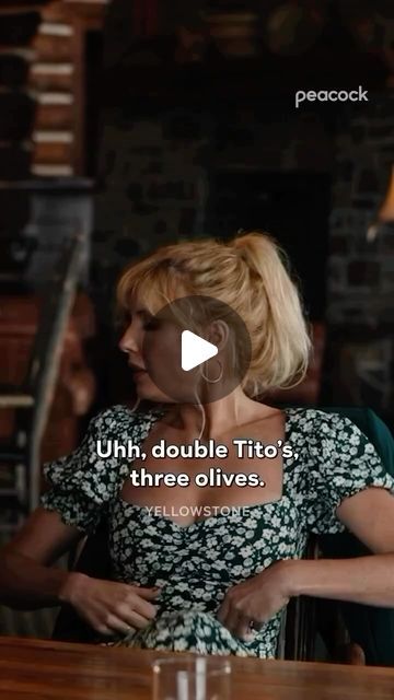 two women sitting at a table talking to each other with the words uhh, double tios three olives