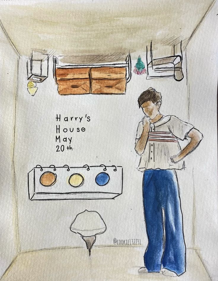 a drawing of a man standing in front of a bathroom sink with the words harry's house on it