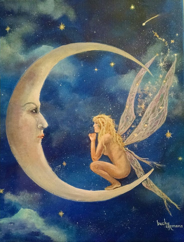 a painting of a fairy sitting on the moon