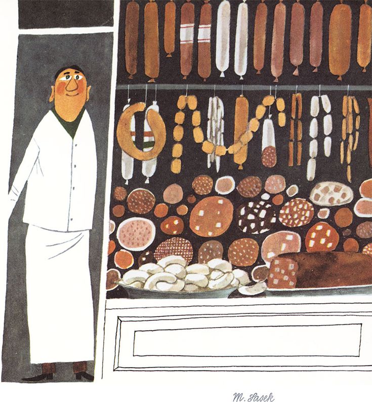 a drawing of a man standing in front of a grill filled with sausages and hot dogs