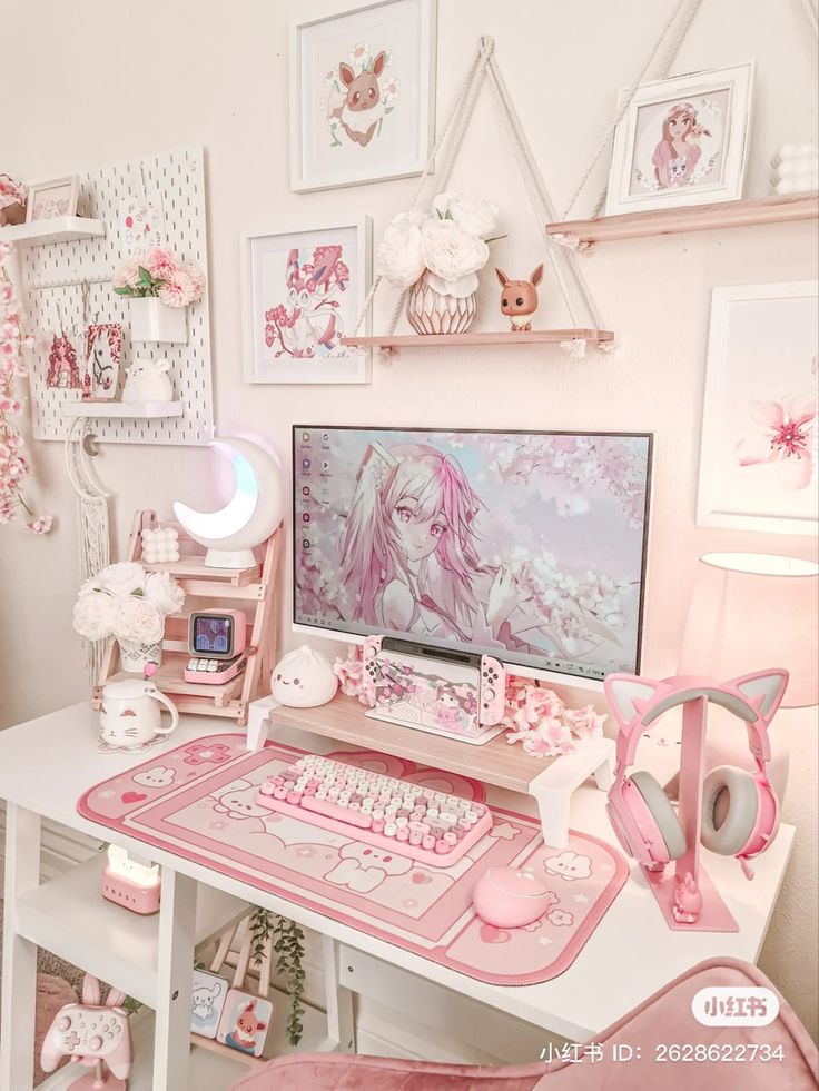 a desk with a computer on top of it and pink accessories in front of it