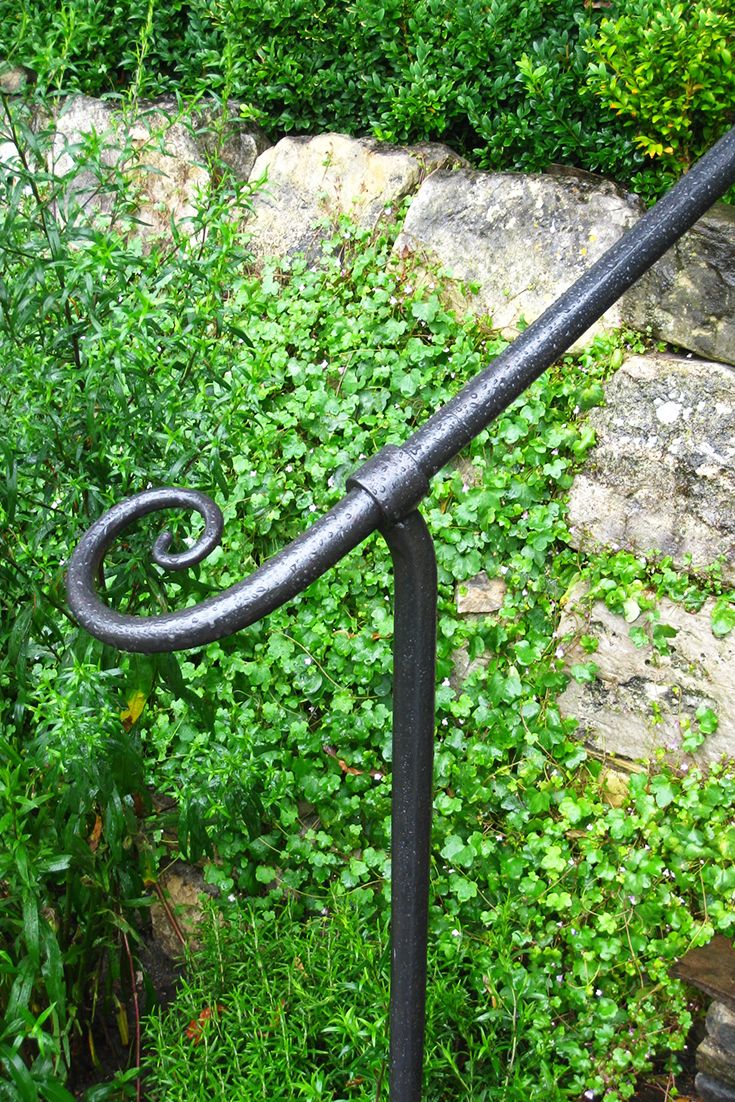 an iron handrail in front of some green plants