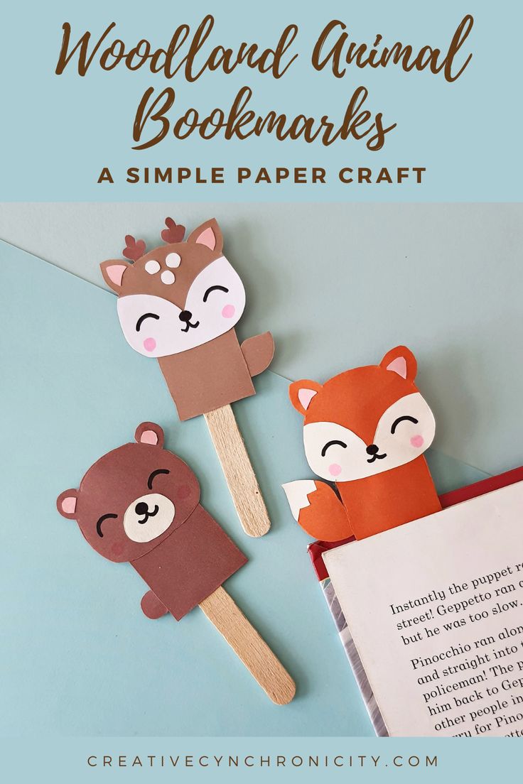 woodland animal bookmarks made out of popsicle sticks with text overlay reading woodland animal books