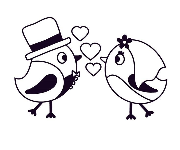 two birds with hats and hearts on their heads