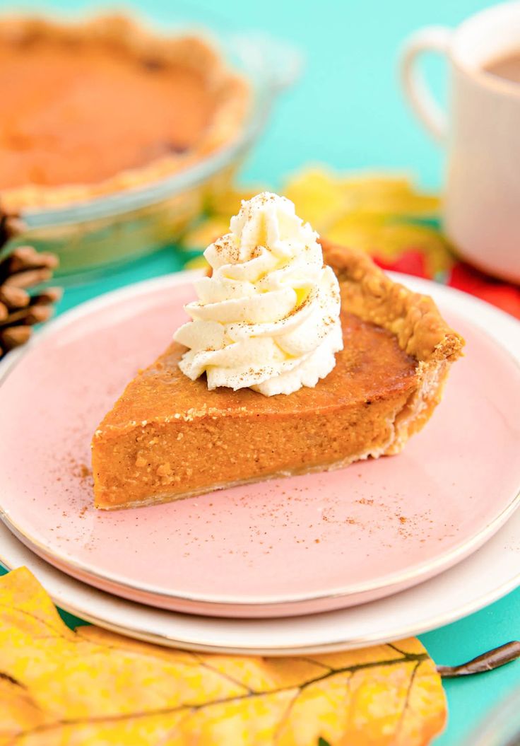 a slice of pumpkin pie on a pink plate