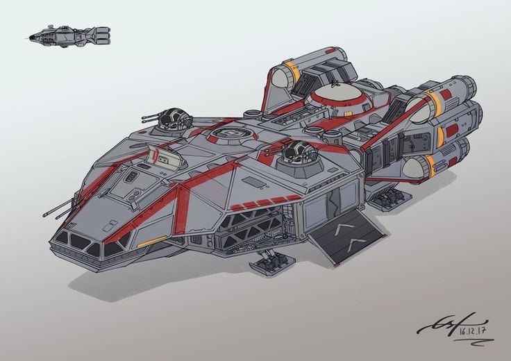 a drawing of a space ship with two smaller ships in the background