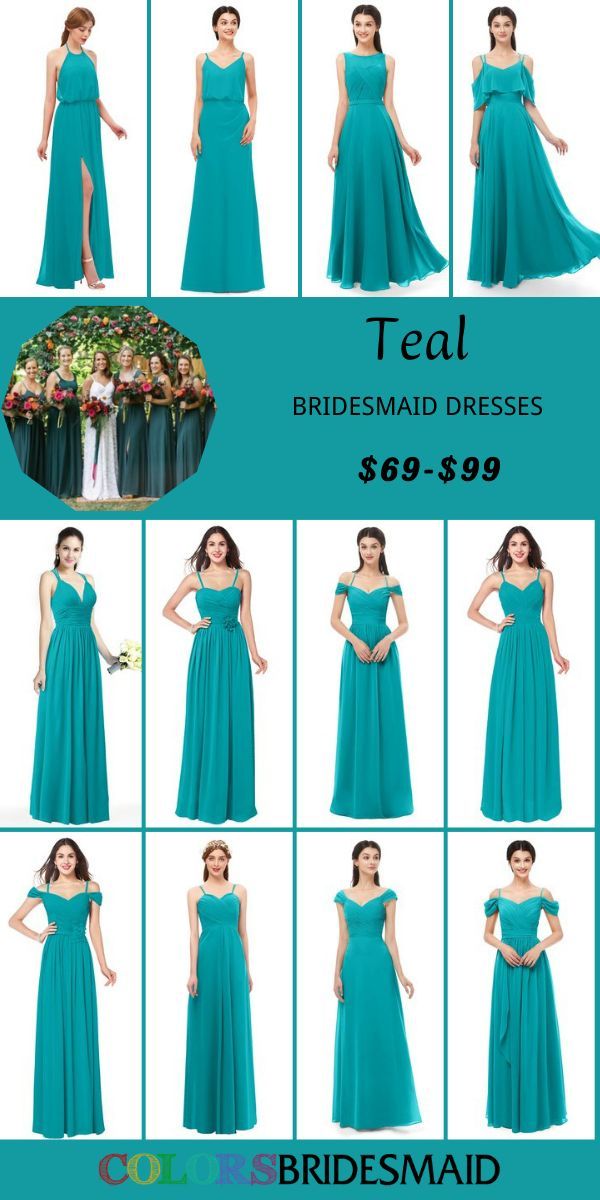 the bridesmaid dresses are available in different colors and styles, including teal