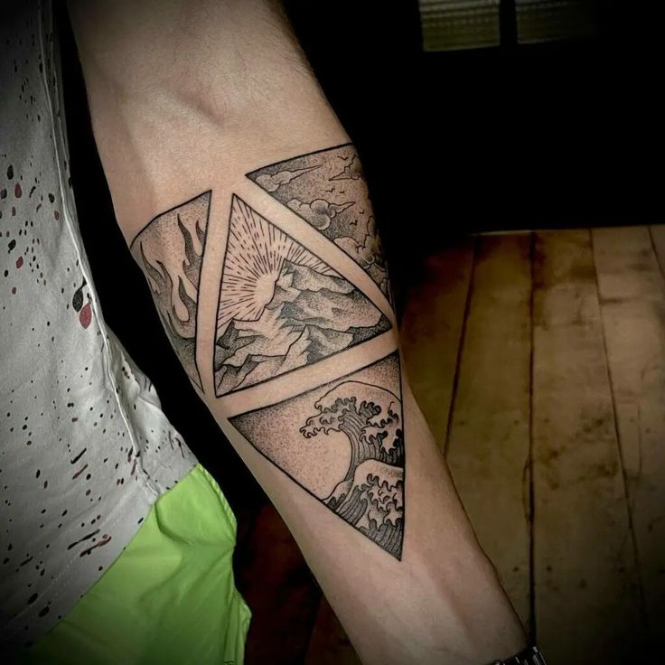 a person with a tattoo on their arm that has mountains and waves in the background