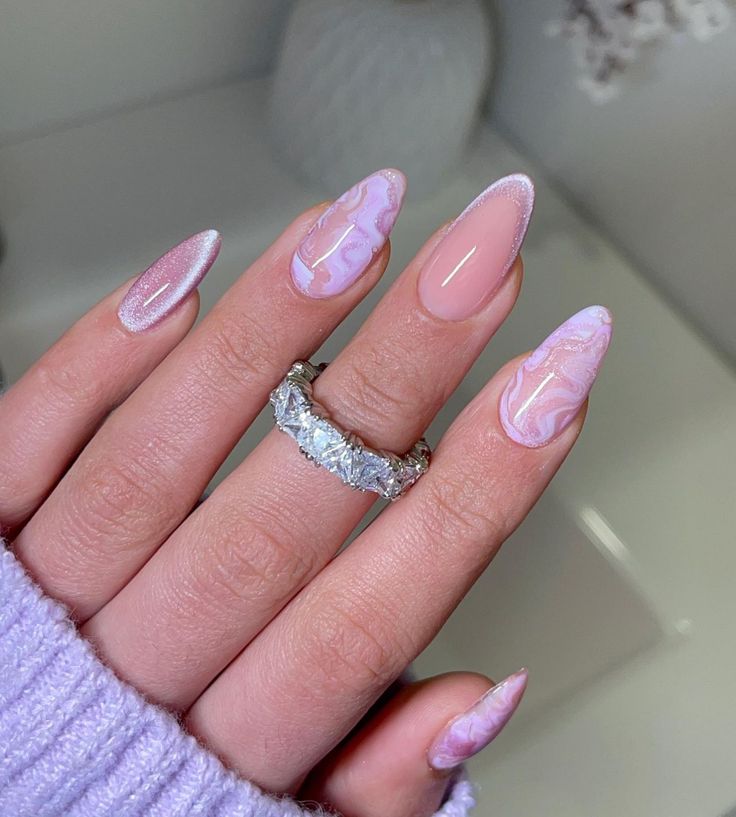 Lilac Nails, Almond Nails Designs, Almond Acrylic Nails, Pink Nail, Stick On Nails, Girls Nails, Floral Nails, Chic Nails, Short Acrylic Nails