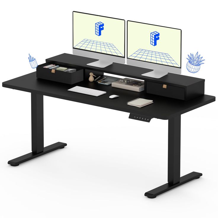 two computer monitors sitting on top of a black desk