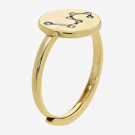 This ring is adjustable, fitting most sizes. It should fit sizes 5-10Ring Style: BandsFeatures: Inspirational, Adjustable, Personalized, Zodiac Jewelry, In A Gift BoxShape: RoundStone Cut: RoundMetal Color: Gold ToneBand Width: 2.5mmCare: Wipe CleanStone Type: 7 Cubic ZirconiaMetal: 14k Gold Over BrassCountry of Origin: Imported Adjustable Yellow Gold Initial Ring For Promise, Adjustable Yellow Gold Initial Ring Fine Jewelry, Adjustable Initial Ring In Yellow Gold, Adjustable Symbolic Rose Gold Rings, Adjustable 14k Gold Celestial Ring, Adjustable Celestial 14k Gold Ring, Adjustable Celestial Yellow Gold Rings, Dainty Adjustable Zodiac Sign Jewelry, Elegant Adjustable Zodiac Sign Jewelry