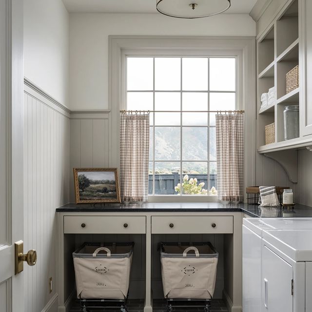 two laundry baskets sit in front of the washer and dryer