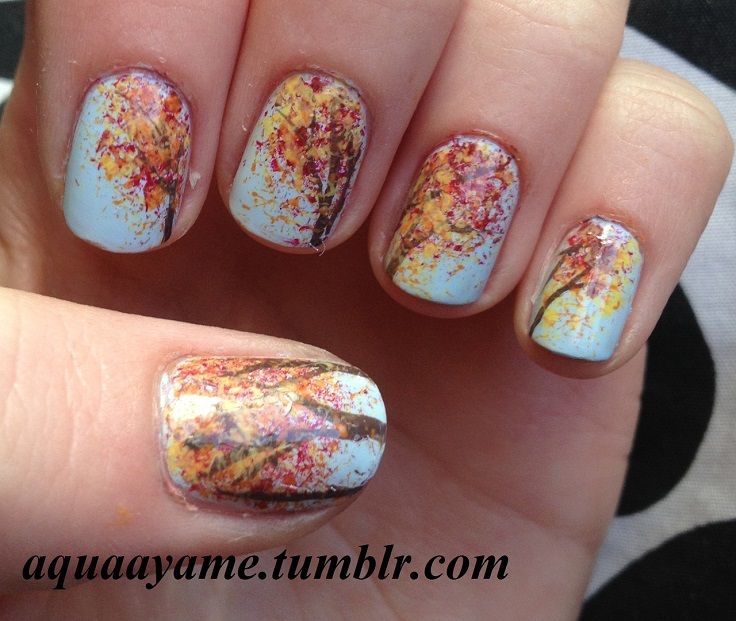 Top 10 Nail Art Designs Inspired by Fall - Top Inspired November Nail Designs, Thanksgiving Nail Art, Tree Nails, Fall Nail Art Designs, Seasonal Nails, Thanksgiving Nails, Fall Nail Art, Fall Nail Colors, Halloween Nail Art