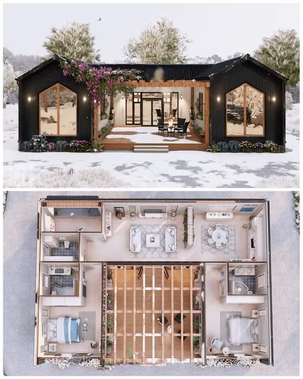 two pictures show the inside and outside of a house with an open floor plan on each side