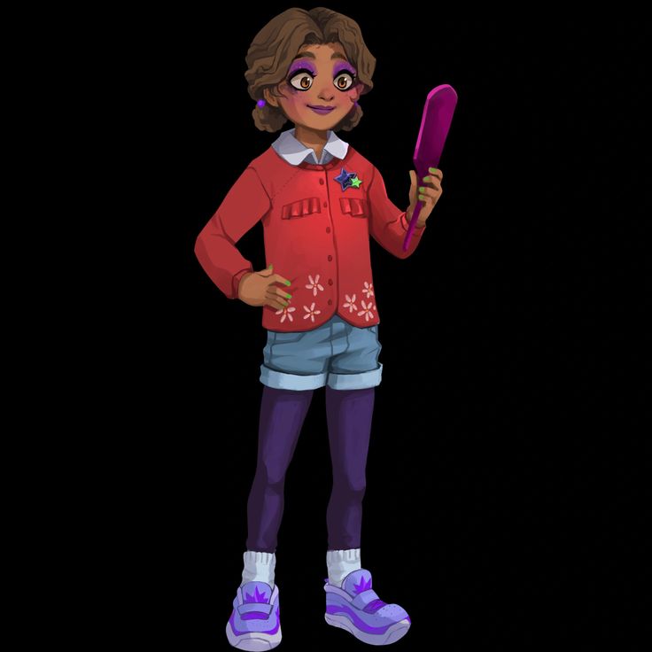 a cartoon girl holding a purple object in her hand