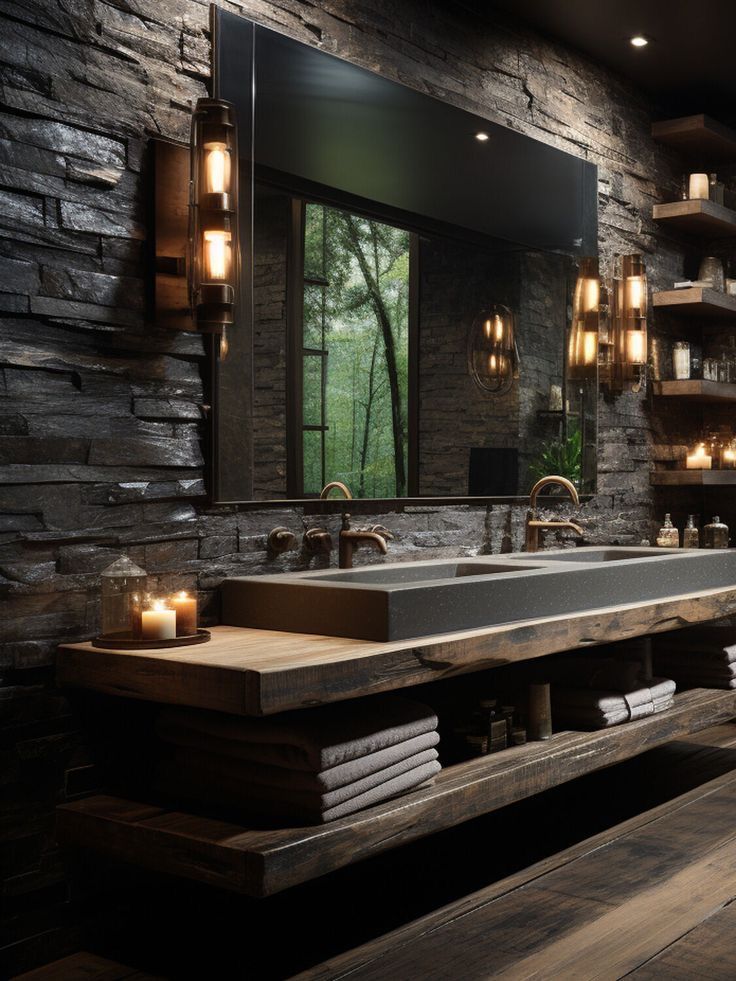 Dark Rustic House Interior Design, Natural Bathroom Ideas Woods, Black And Cedar Bathroom, Wood And Black Home Decor, Dark Stone Bathroom, Black Stone Bathroom, Stone Bathroom Ideas, Slate Tile Bathroom, Dark House Interior Design