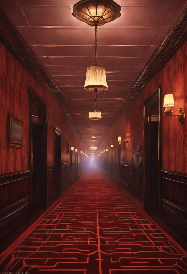 a long hallway with red carpet and two lamps hanging from the ceiling above it is a maze in the floor