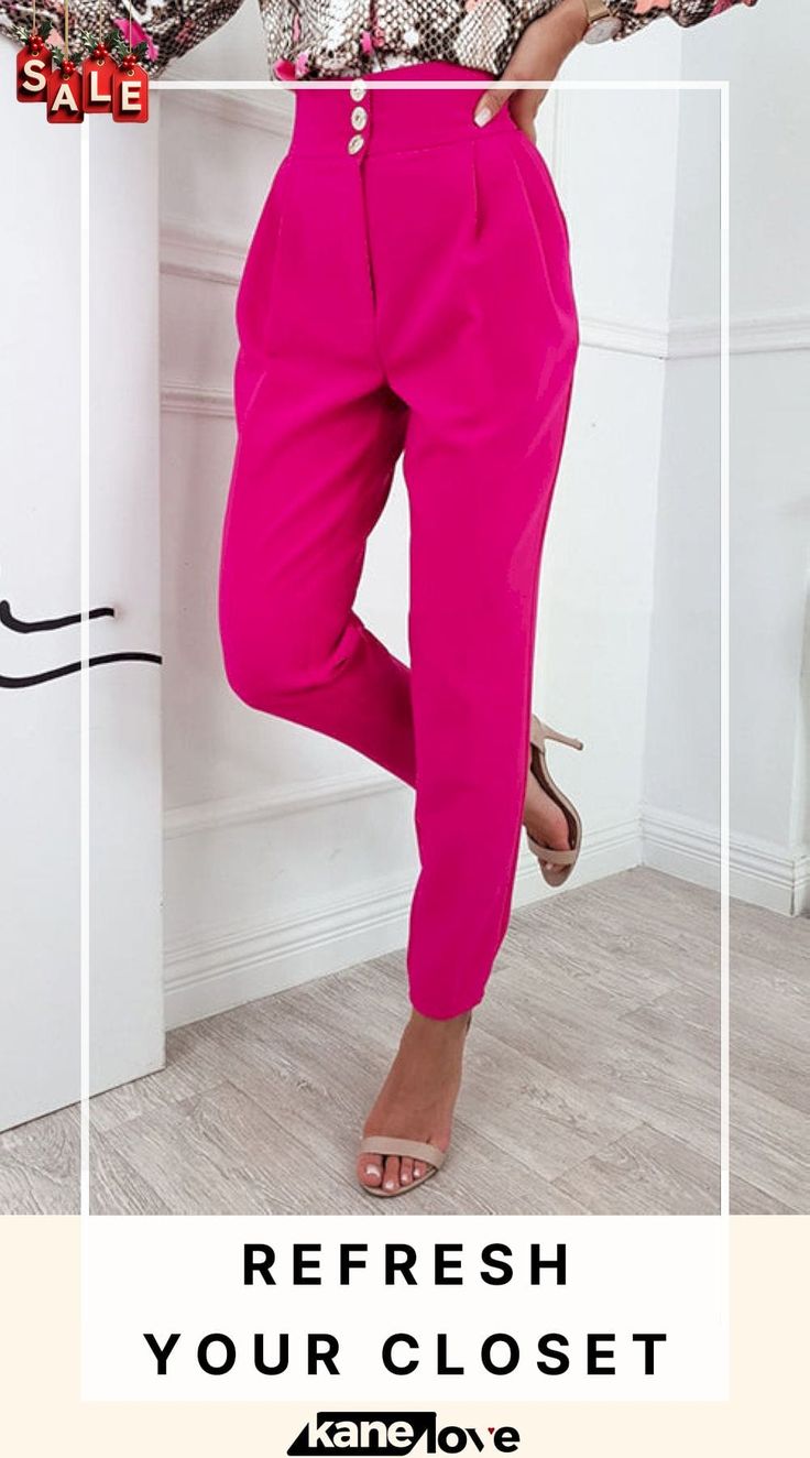 Button High Waist Trouser Pants Pink Tapered Leg Office Pants, Spring Workwear Pants Solid Color, Spring Workwear Pants In Solid Color, Casual Stretch Bottoms With Button Cuffs, Pink Tapered Leg Office Bottoms, Chic Business Casual Bottoms With Buttons, Summer Business Casual Pants With Buttons, Summer Workwear Solid Color Dress Pants, Solid Color Summer Pants For Work