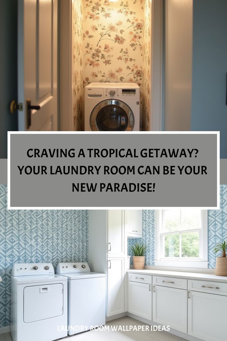 Eclectic laundry area featuring bold leaf wallpaper and bohemian touches Alcove Wallpaper, Affordable Wallpaper, Laundry Room Wallpaper, Laundry Space, Wallpaper Stores, Savings Strategy, Vacation Vibes, Tropical Wallpaper, Tropical Getaways