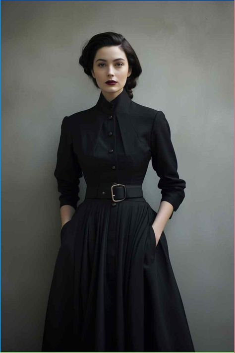 Womens Formal Jacket Over Dress, Sophisticated Witch Fashion, Woman Casual Dress, Elegant Modern Style, Modern Regal Fashion, Wearing Only Black, Vintage Woman Outfit, Modern Classic Outfits For Women, Classical Style Outfits