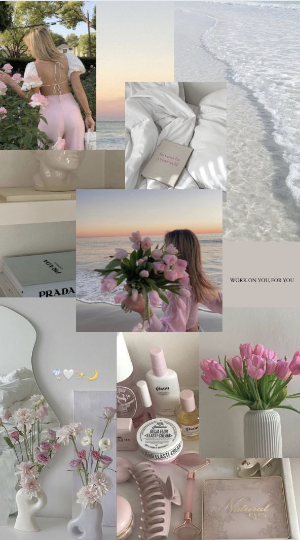 the collage is filled with pink flowers and white vases, along with other images