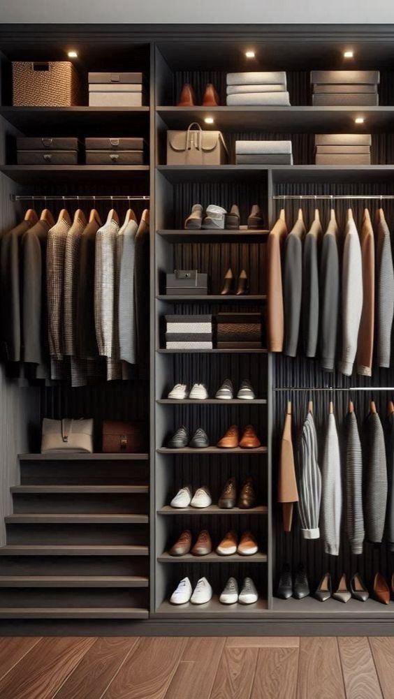 an organized closet with clothes and shoes