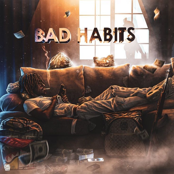 a man laying on top of a couch in front of a window with the words bad habitts above him