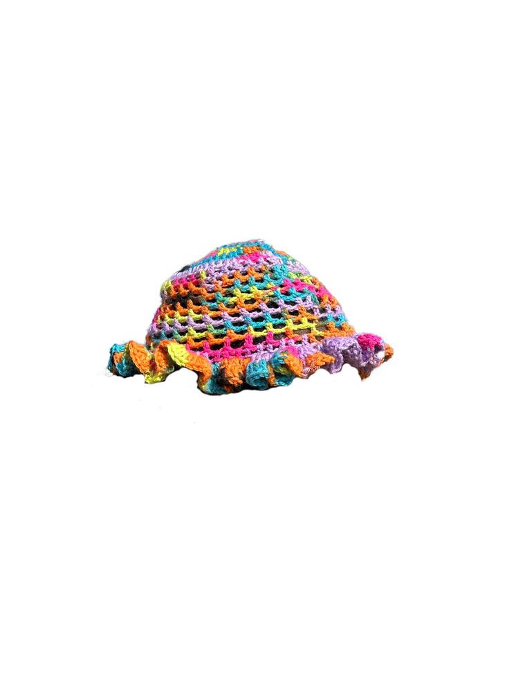 Unleash your daring nature with the Cabbage Patch Crochet Mesh Hat! This handmade hat features a unique mesh ruffle design, providing a bold and adventurous look. Made from 100% acrylic or 100% cotton yarn, this hat is both stylish and comfortable. Dare to stand out with this one-of-a-kind accessory! other colors are available, please select other and then place desired color in notes at check out Bohemian Multicolor Cotton Yarn Sun Hat, Multicolor Brimmed Mini Hats In Yarn, Adjustable Multicolor Cotton Yarn Hats, Multicolor Crochet Hat For Outdoor, Multicolor Crochet Hat With Curved Brim For Outdoor, Hand Knitted Mini Hats For Beach, Multicolor Brimmed Crochet Hat For Outdoor, Playful Beach Hat One Size, Adjustable Multicolor Knitted Sun Hat