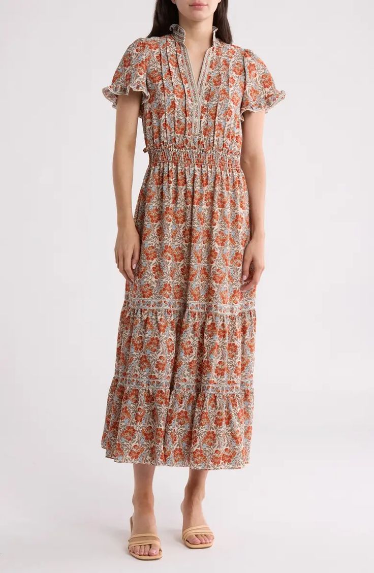 MAX STUDIO Smocked Flutter Sleeve Maxi Dress | Nordstromrack Bohemian Maxi Dress With Smocked Bodice For Casual Wear, Casual Billowy Floral Print Maxi Dress, Flowy Smocked Dress With Empire Waist, Casual Billowy Maxi Dress With Floral Print, Flowy Smocked Maxi Sundress, Flowy Maxi Length Smocked Sundress, Summer Smocked Midi Dress With Elastic Waistband, Non-stretch Ruffled Maxi Dress For Beach, Flowy Midi-length Peasant Dress With Smocked Back