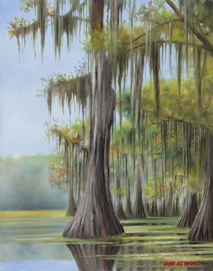 a painting of trees in the water with spanish moss hanging from it's branches