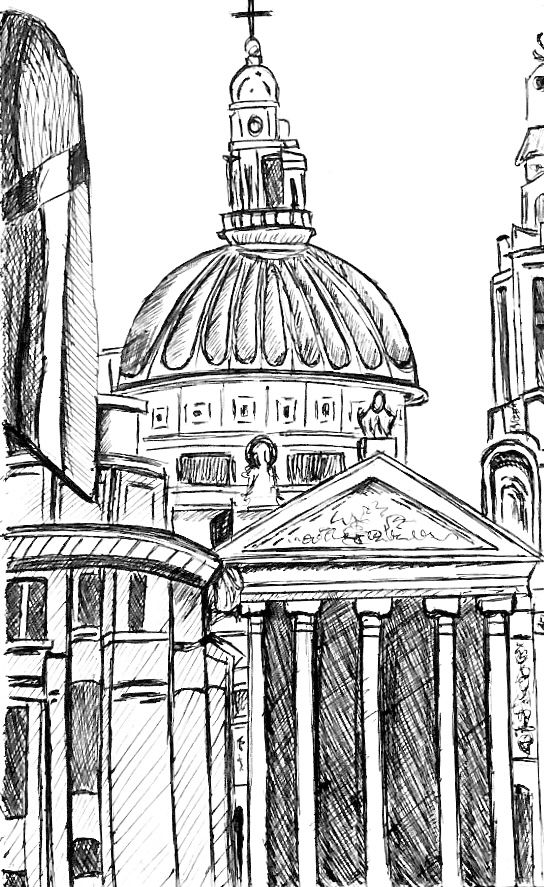 a black and white drawing of a building with a dome on it's roof