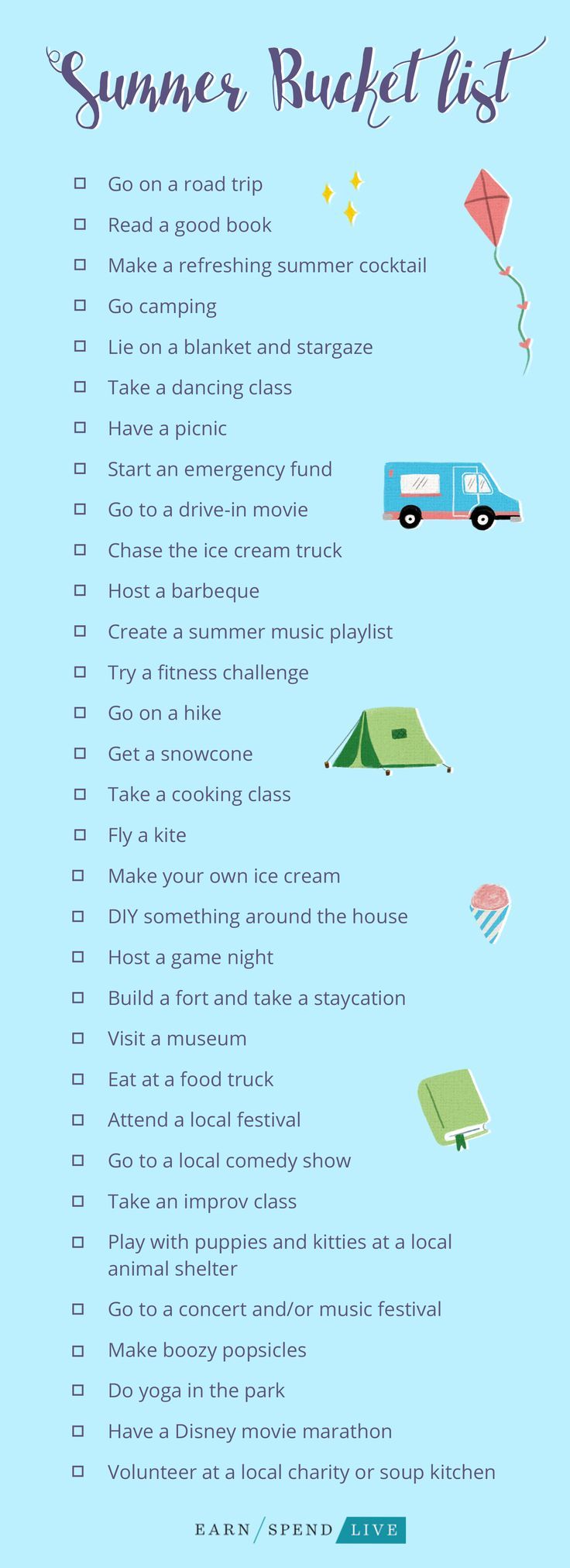 a printable summer bucket list for kids with pictures and text on the back ground