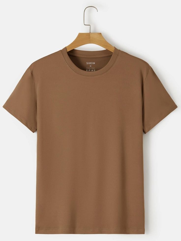 Men Solid Round Neck Tee | SHEIN USA Cheap Beige Crew Neck Shirt, Brown Tshirt Outfit, Plain Tee Shirts, T Shirt Png, Mens Casual Dress Outfits, Brown Tshirt, Clothing Mockup, Plain Tees, Round Neck Tees