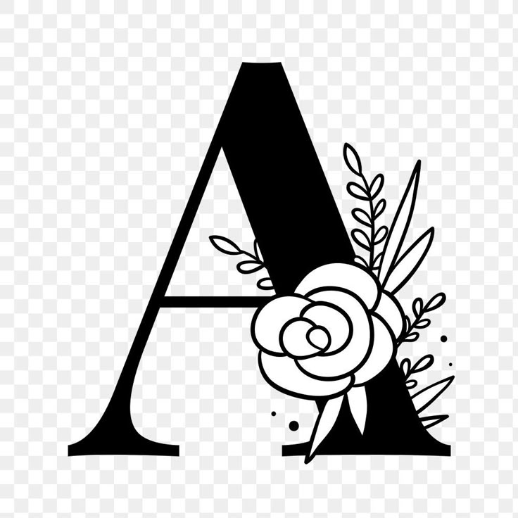 the letter a with flowers and leaves on it is black and white, hd png