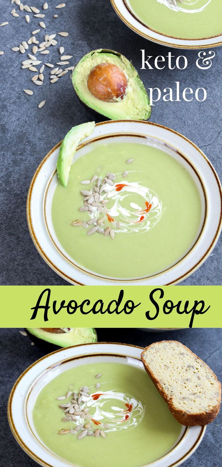 avocado soup with toasted bread and an avocado on the side