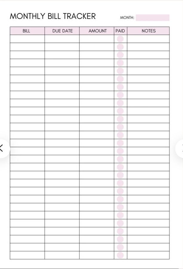 the printable bill tracker is shown in pink and white, with an arrow pointing to it