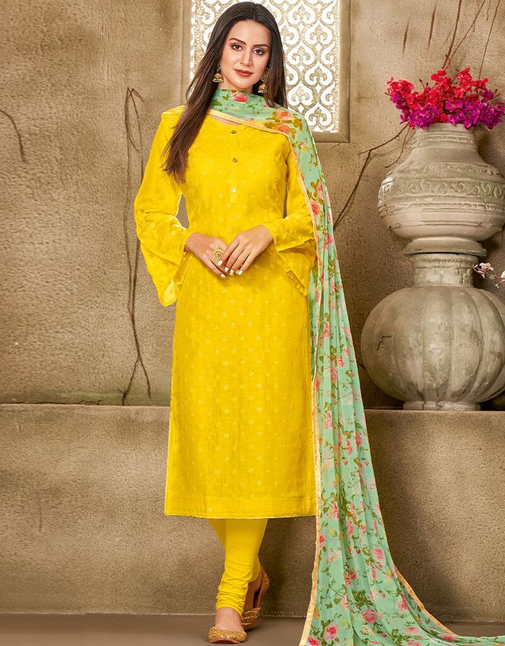 Yellow Chanderi Cotton Chudidar Salwar Suits Yellow Embroidred/Printed/Weaving Work:Arabic Attire #buywomen'ssuitsonline #latestindiansalwarkameez #indianladiessuitdesign #salwarkameezpattern #newsalwarkameez #goldsuitwomens #ladiespantsuitdesigns #newstylesalwarkameez #longsalwarkameezdesigns #cheapsalwarkameezonlinefreeshipping #salwarkameez. #indiansalwarkurta #indianfashionsalwarkameez #latestsalwardesigns #mirrorindianclothes #jacketdesignforladiessuit Sequin Pant, Cotton Salwar Kameez, Churidar Suits, Salwar Kameez Online, Utsav Fashion, Designer Salwar Suits, Colour Design, Layer Mask, Salwar Kameez Designs