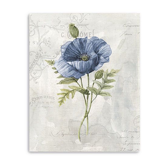 a blue flower with green leaves on a white background canvas wall art print by person