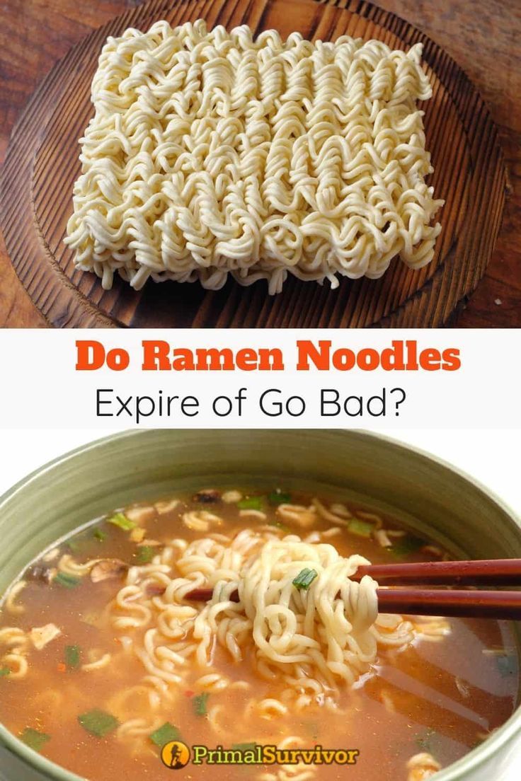 two pictures with noodles in them and the words do ramen noodles expire or go bad?