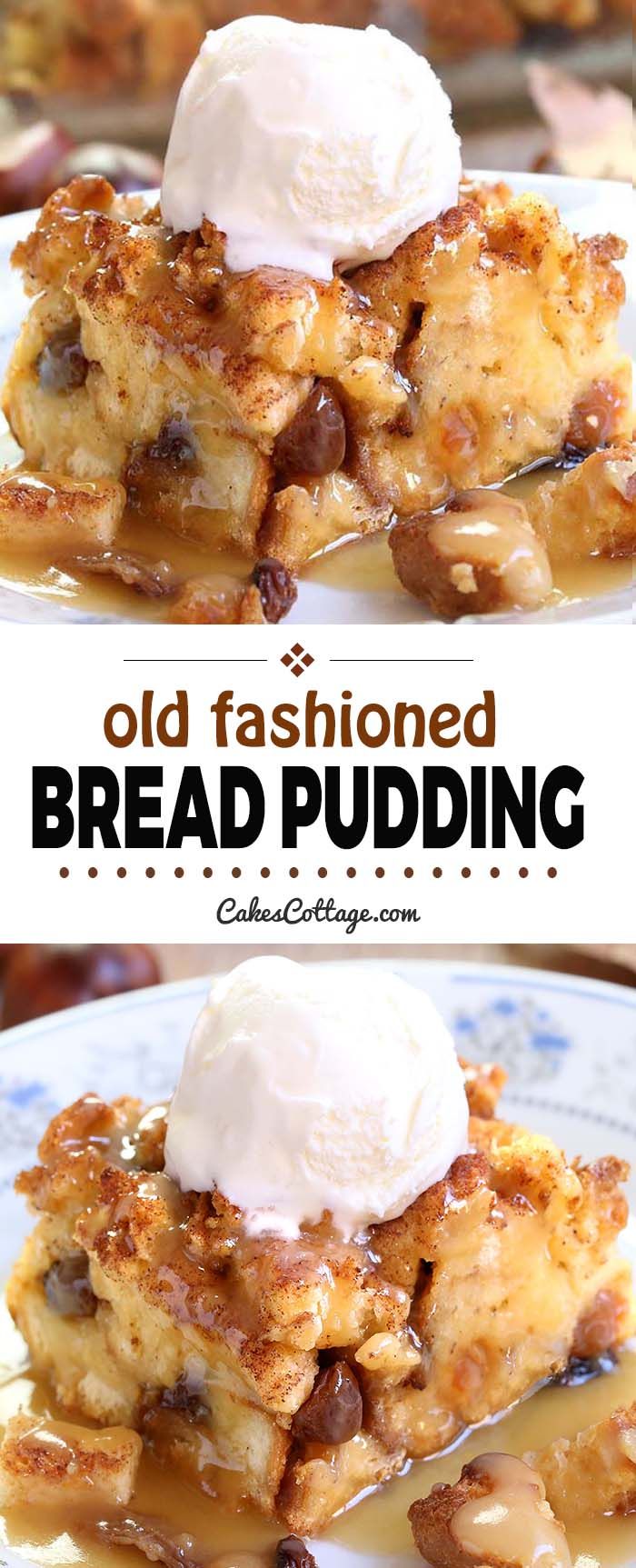 old fashioned bread pudding with ice cream on top