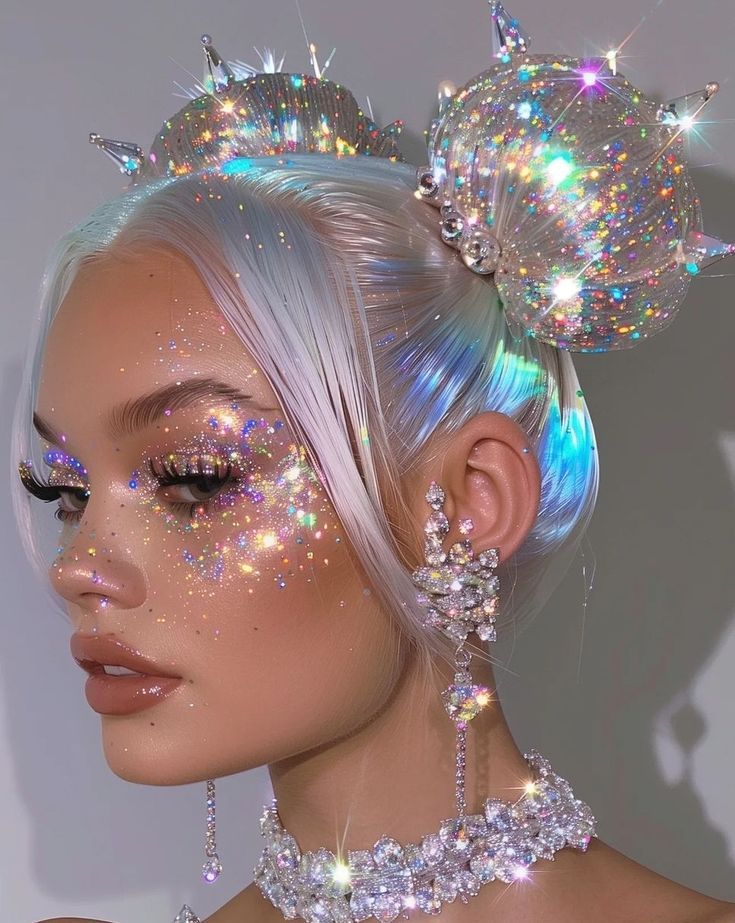 ♔ Scintillant ♔ Sparkly Makeup Photoshoot Ideas, Ocean Makeup, Alien Hair, Cosmic Makeup, Alien Makeup, Drag Make-up, الفن الرقمي, Rave Makeup, Chique Outfits