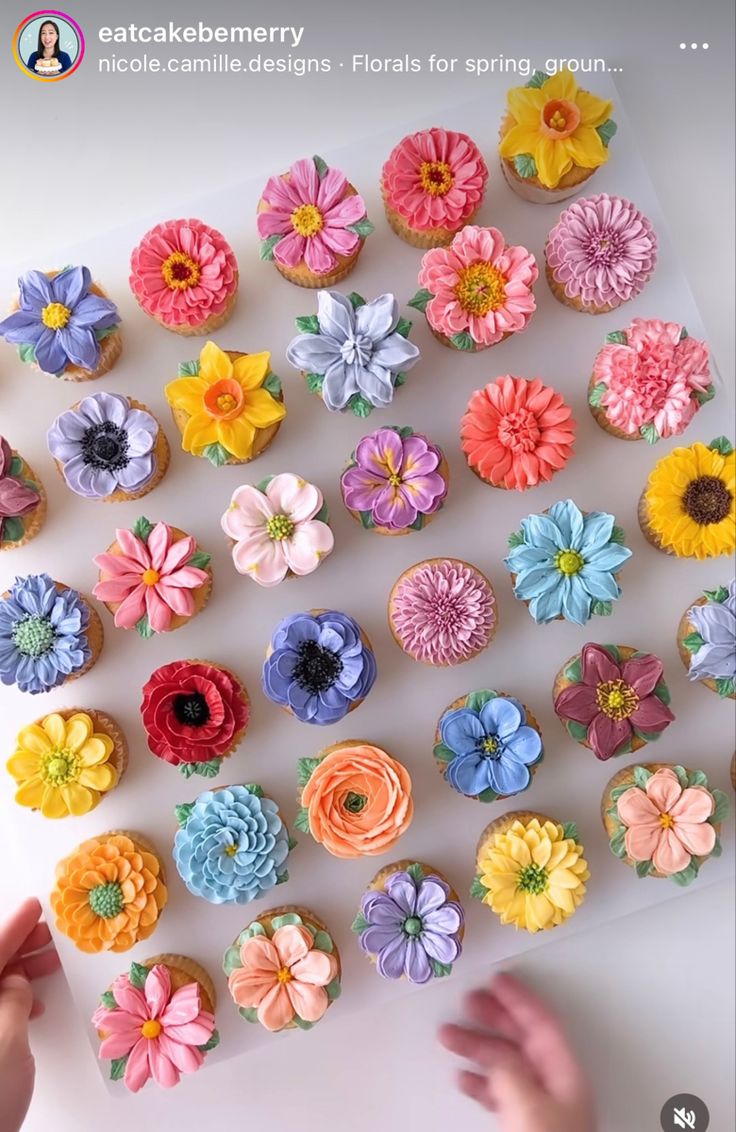 the cupcakes are decorated with colorful flowers