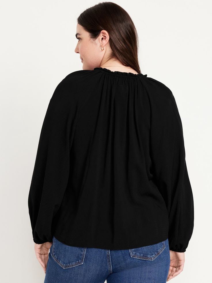 ruffled split neck long raglan sleeves elasticized cuffs shirred detail loose fit hits high on hip models are approx.  5'9" and wear sizes s (4), l (12), and xl (18)machine wash according to the care instruction label Raglan Sleeve, Toddler Boys, Old Navy, Loose Fitting, How To Wear